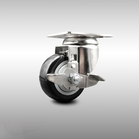 Service Caster 3 Inch 316SS Black Polyurethane Wheel Swivel Top Plate Caster with Brake SCC SCC-SS31620S314-PPUB-BLK-TLB